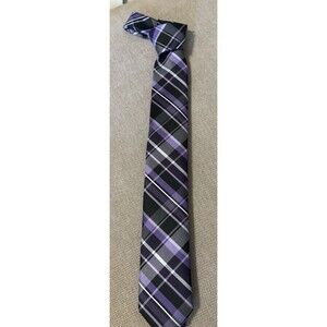 J. Ferrar Polyester Tie Black w/ Purple & white Stripes Men Necktie